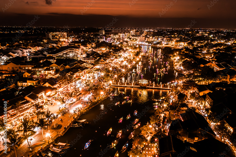 Old Town Hoi An at Night. Aerial Drone Photo