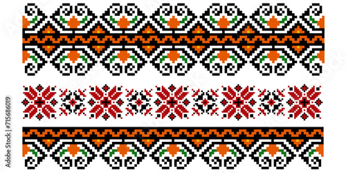 Set of editable colorful seamless ethnic Ukrainian traditional cross stitch patterns for embroidery stitch. Floral and geometric ornaments. Vector illustration