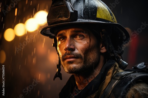 A drenched firefighter's face peers out from under his protective helmet, the weight of his saturated clothing bearing down on him as he battles through the elements to save lives photo