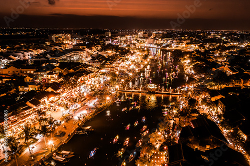 Old Town Hoi An at Night.  Aerial Drone Photo