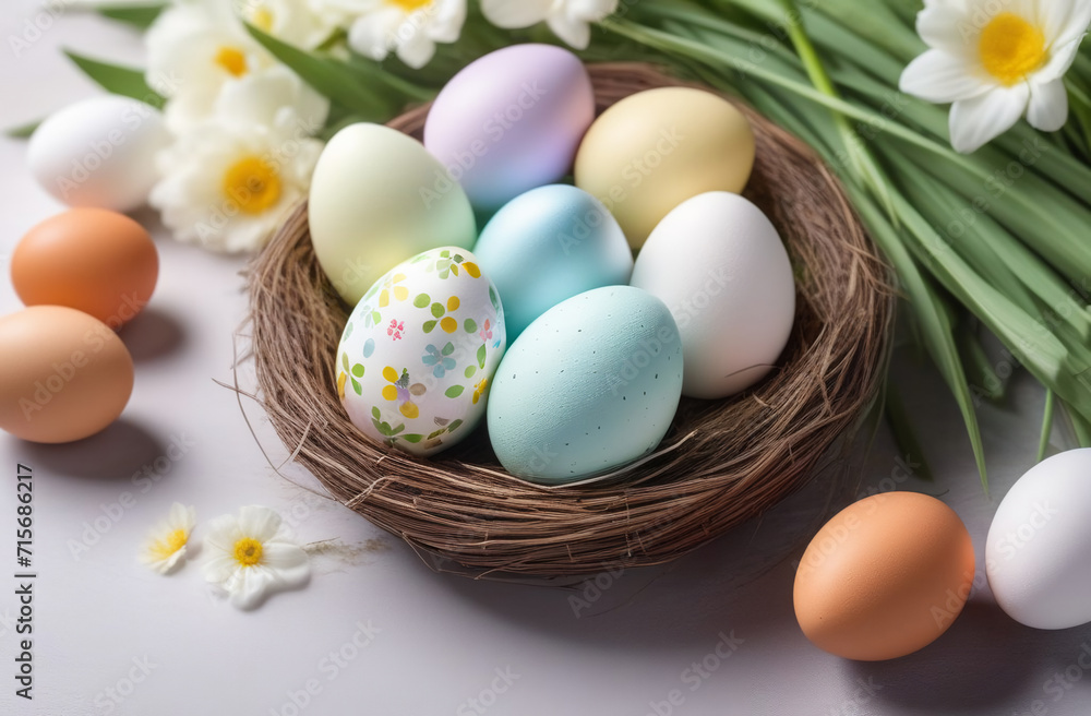 Easter eggs in delicate pastel colors with white flowers, eggs in a nest Easter eggs in delicate pastel colors with white flowers, eggs in a nest
