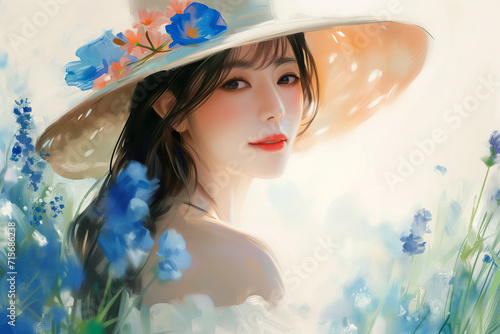Ethereal Woman in a Floral Hat