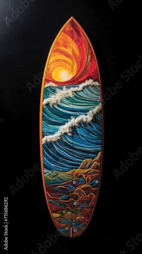 Painted surfboard on black background. Generative ai photo