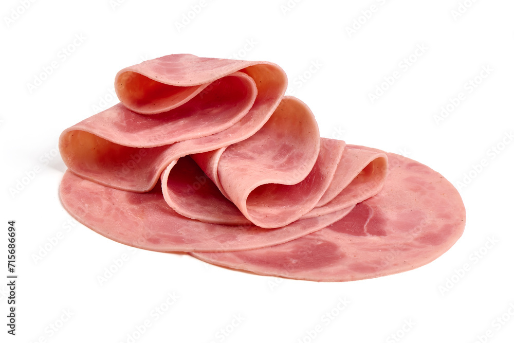 Cooked ham slices, isolated on white background. Cooked ham slices, isolated on white background.