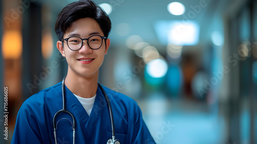 Jóvenes enfermeros o médicos sonriendo en el pasillo del hospital photo