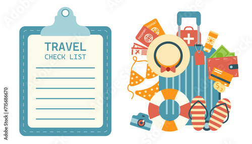 Travel checklist with suitcase, sun hat, swimsuit, passports, plane ticket and other things for travel and tourism. Flat vector illustration isolated on white background