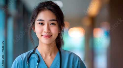 Jóvenes enfermeras o médicos sonriendo en el pasillo del hospital