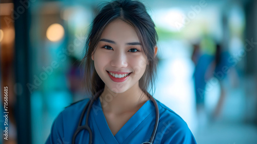 Jóvenes enfermeras o médicos sonriendo en el pasillo del hospital