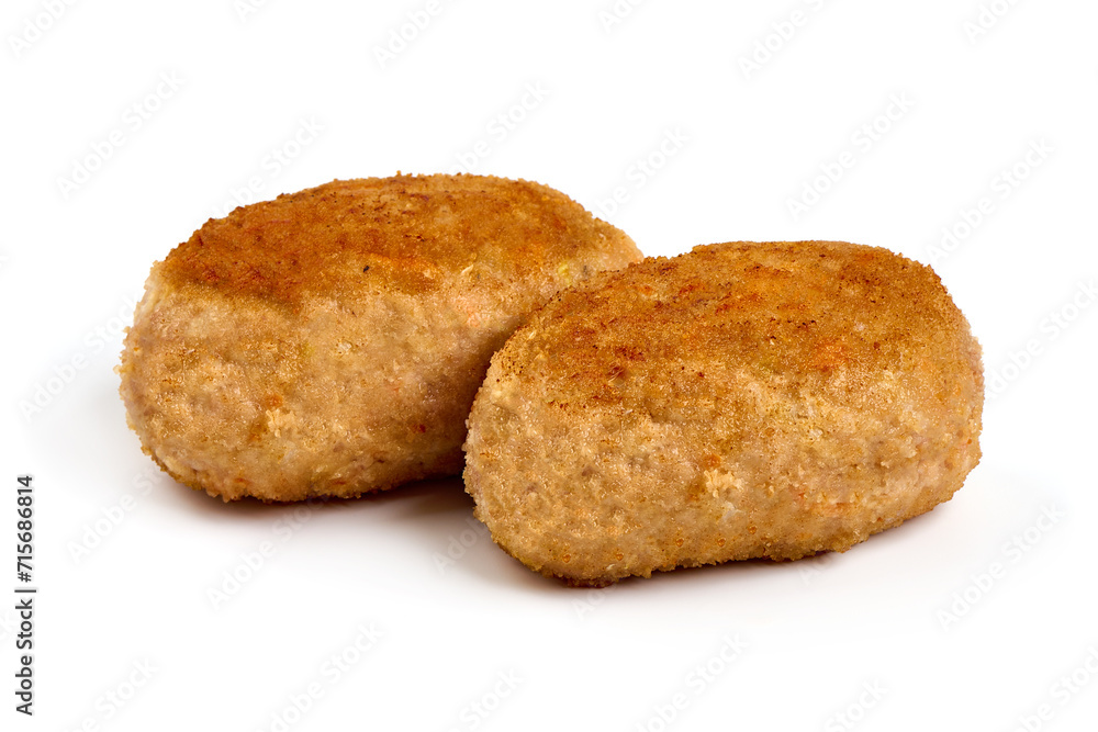 Homemade fried pork cutlets in breadcrumbs, meatballs from minced meat, isolated on white background. Homemade fried pork cutlets in breadcrumbs, meatballs from minced meat, isolated on white background.