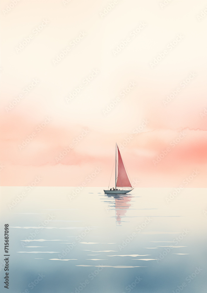 Minimalistic Watercolor Painting of a Serene Boat in the Sea