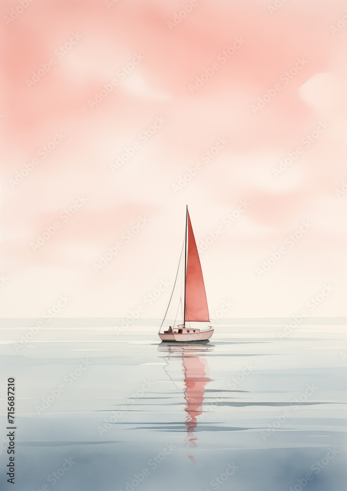 Soothing Watercolor Illustration of a Minimal Boat in the Sea