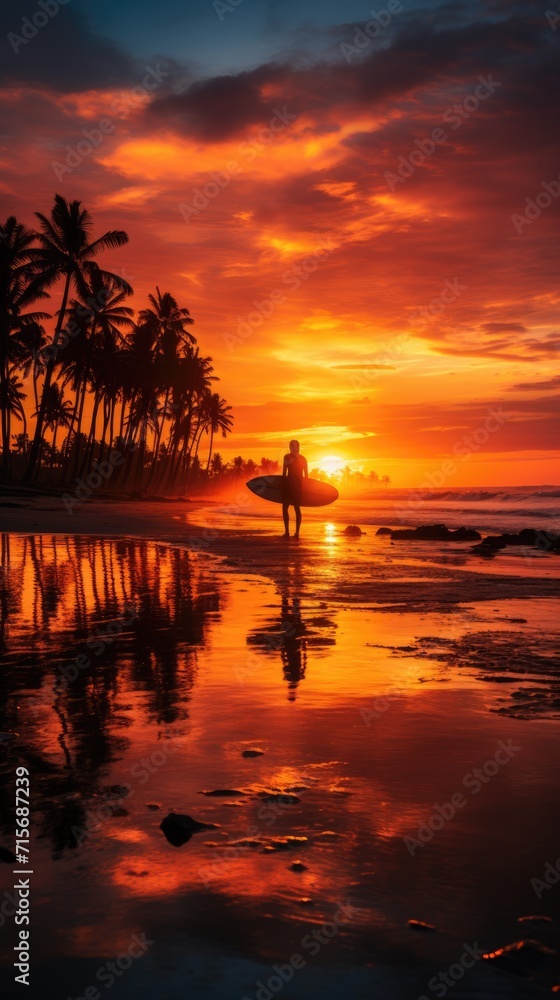 Surfer and the sunset on the tropical beach paradise island. Generative ai