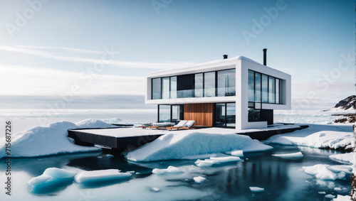 Icebergs Floating In A Glacial. Dream Modern House luxury on the of winter . Building Exterior luxury of living room with sea view  © Roman