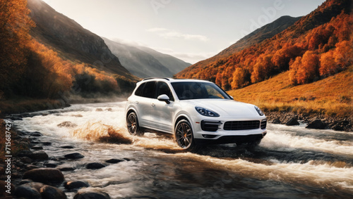 Porsche Cayenne , passing through a river. splashes