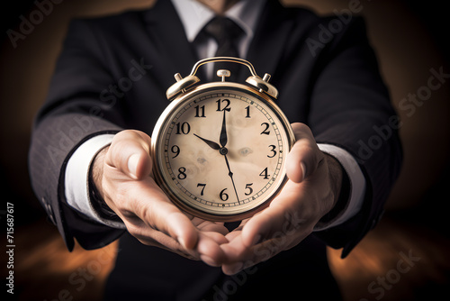 businessman holding clock