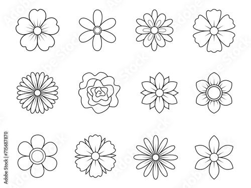 Outline abstract flowers, top view. Spring flora. Flat vector illustration on white background