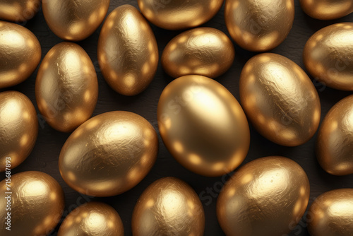 Close-up of a group of golden Easter eggs. Chocolate egg wallpaper decorated with milk chocolate and gold.