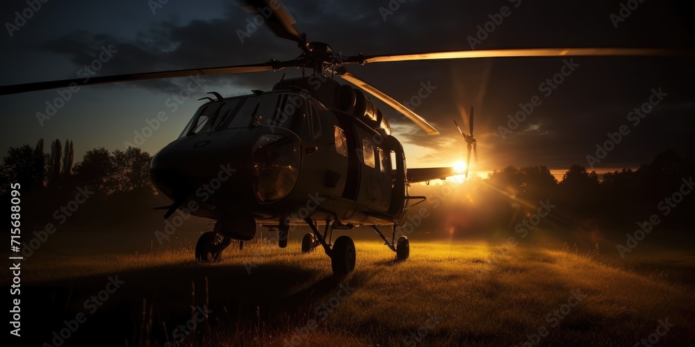 Helicopter on the ground. Generative AI. Helicopter before takeoff. View of a standing helicopter. Adventure composite. Beautiful night nature landscape Helicopter on the ground. Generative AI. Helicopter before takeoff. View of a standing helicopter. Adventure composite. Beautiful night nature landscape