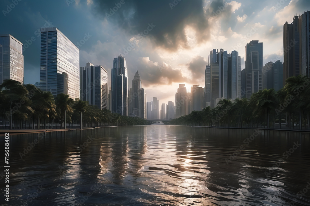 Coastal city experiencing flooding from rising sea levels with ...