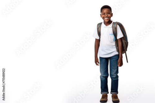 Black skin afro-american elementary boy with backpack over white background Middle school smiling at camera Back to school. Copy space for advertising blank Childhood, education, products for children