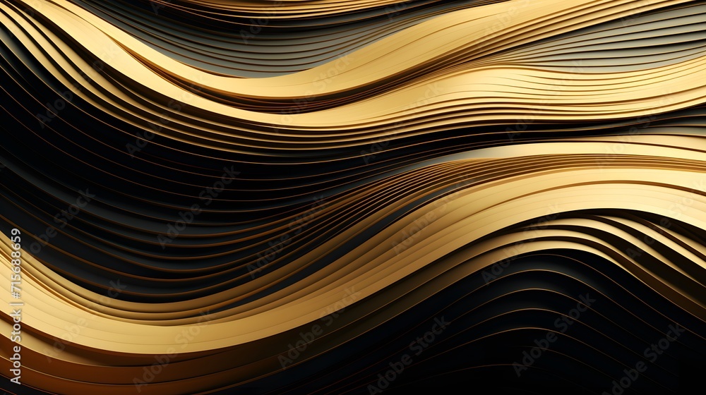 Japanese waves in 3D futuristic style, in gold, wide format. Abstract background.
