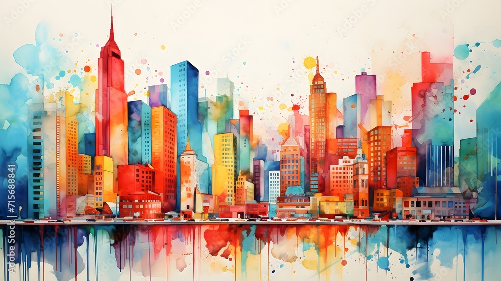 Jazzy, lively, colorful water color painting of a downtown city full of tall buildings and skyscrapers. - obrazy, fototapety, plakaty 