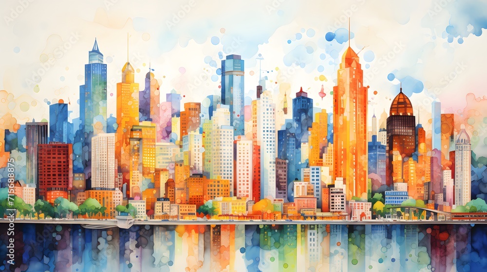 Jazzy, lively, colorful water color painting of a downtown city full of tall buildings and skyscrapers. - obrazy, fototapety, plakaty 