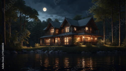 Beautiful wooden house night. Wooden log house on the shore of a picturesque lake, river. Loneliness in the forest or solitude from the hustle and bustle