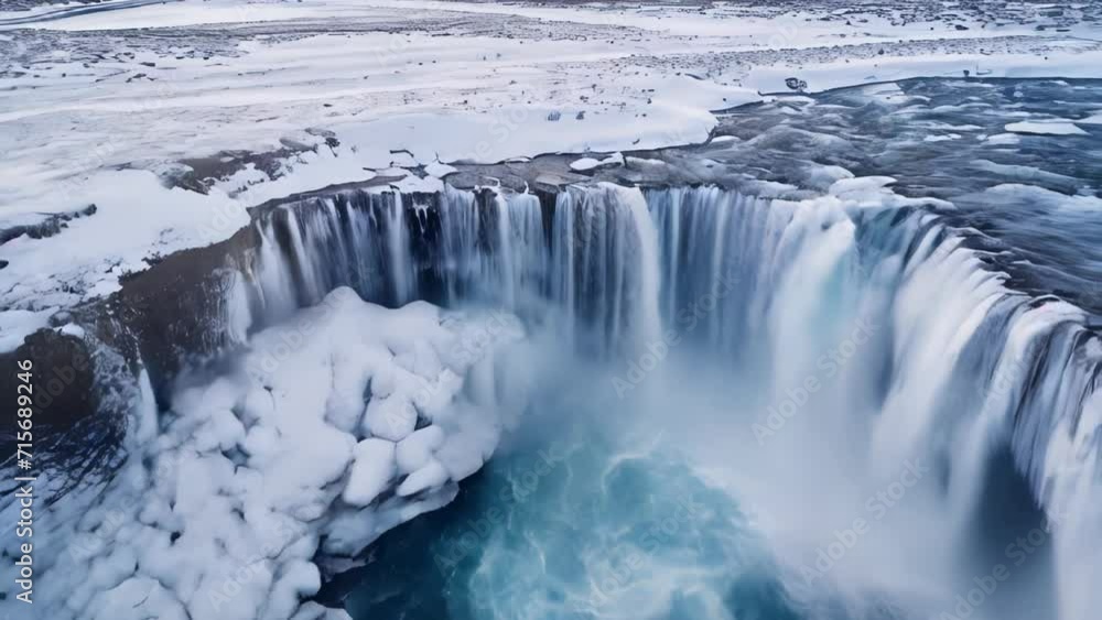 In the biting cold, cascading water forms a grand waterfall surrounded by ice and snow.
In the biting cold, cascading water forms a grand waterfall surrounded by ice and snow.