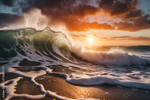 Sea Storm view, waves with foam in storm, seascape, sea or ocean under dark blue clouds, turquoise colour of water. Mountains coastline. Big Waves.