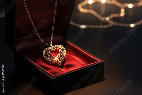 A pendant with a red crystal in the shape of a heart in a festive jewelry box. A gift for Valentine's Day. Birthday, Mother's Day.  photo