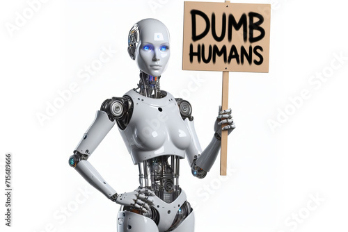 Robot with sign saying "dumb humans". Robot holding sign. Ai rights meme. Android holding sign. Ai Meme.