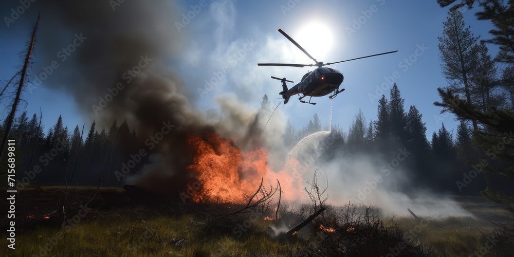 Helicopter extinguishes fire. Firefighter helicopter fighting against a forest fire during day. A helicopter flies in the sky. Generative AI. View of a flying helicopter. Helicopter extinguishes fire. Firefighter helicopter fighting against a forest fire during day. A helicopter flies in the sky. Generative AI. View of a flying helicopter.