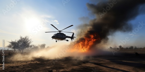 Helicopter extinguishes fire. Firefighter helicopter fighting against a forest fire during day. A helicopter flies in the sky. Generative AI. View of a flying helicopter.
