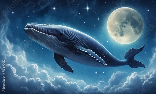surrealistic whale flying over the clouds, the night sky with moon, starry sky. Good for postcards, story book, poster, book cover, nursery and canvas. Generative AI