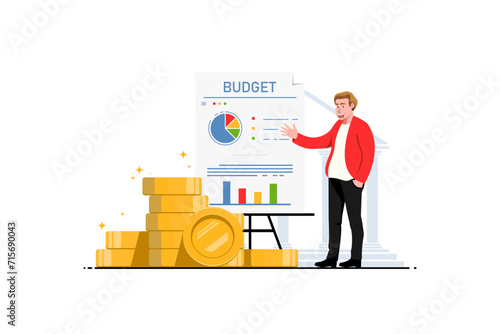 Budget planner concept, Businessman presentation money plan of company summary report, Digital marketing illustration.