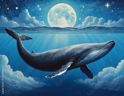 surrealistic whale underwater, the night sky with moon, starry sky. Good for postcards, story book, poster, book cover, nursery and canvas. Generative AI photo