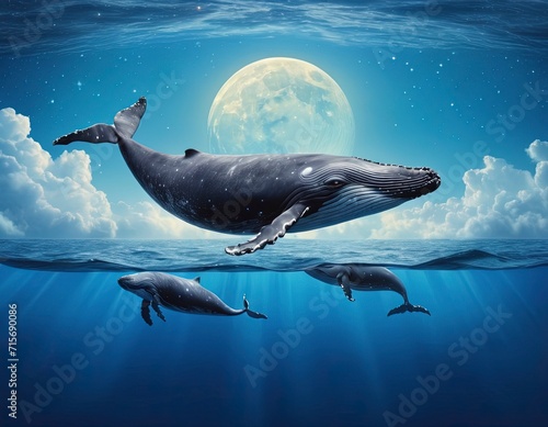 surrealistic whale flying over the water, the night sky with moon, starry sky. Mother whale with little whales. Good for postcards, poster, book cover, nursery and canvas. Generative AI 