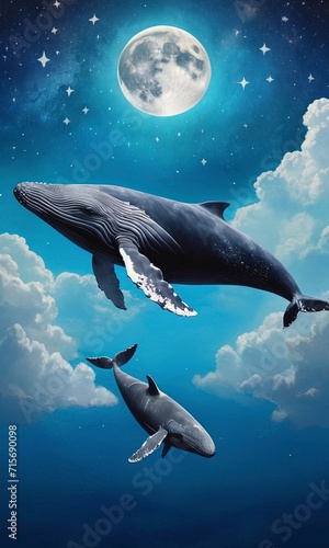 surreal two whale flying over the water, ship and the night sky with moon, starry sky. Mover whale with little whale. Good for postcards, poster, book cover, nursery and canvas. Generative AI 