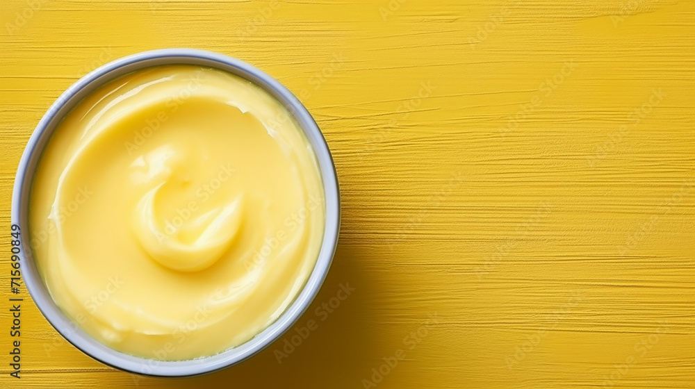 Bowl with melted butter or cheese on yellow background, top view. Dairy products Bowl with melted butter or cheese on yellow background, top view. Dairy products