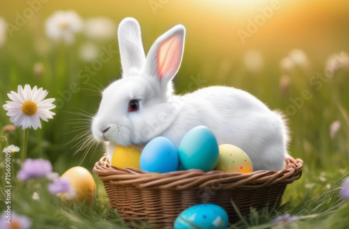 White rabbit in a basket with colored eggs in a field with daisies for Easter