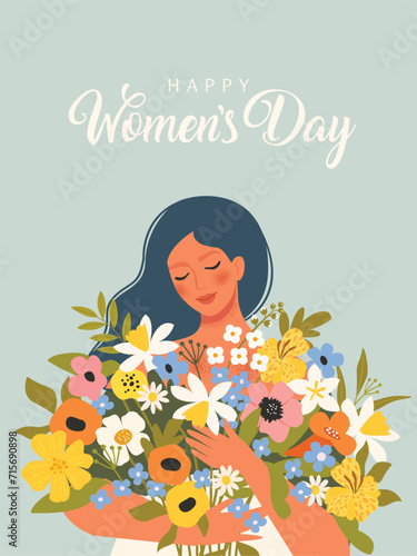 Cute woman holding a bouquet of flowers in her hands. Spring holiday vector illustration in Scandinavian simple style. Romantic girl hugging International women day