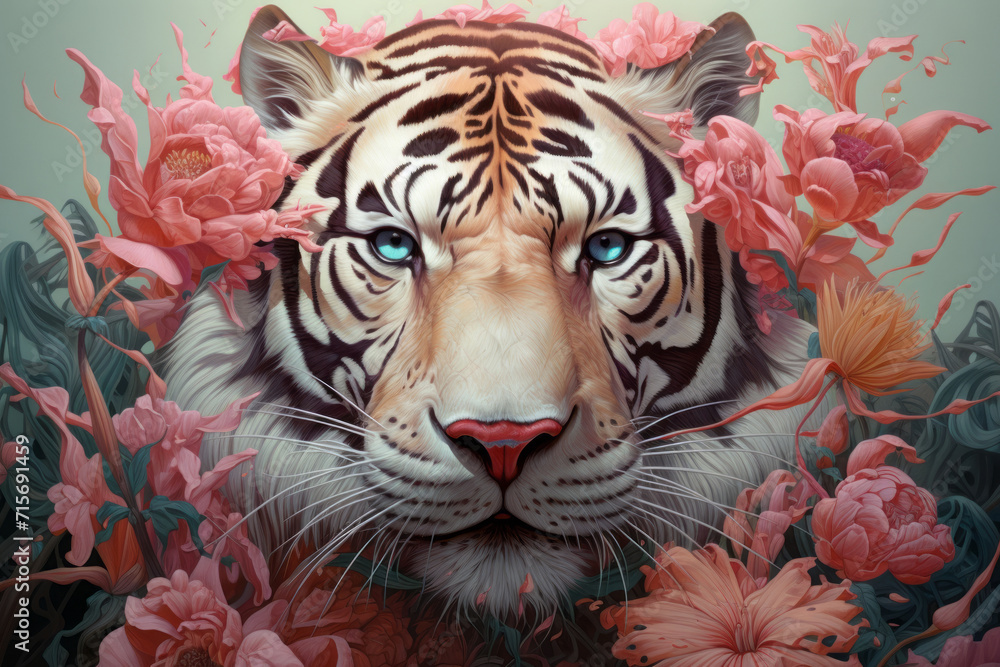 A tiger's head with flowers. Illustration. Generative AI