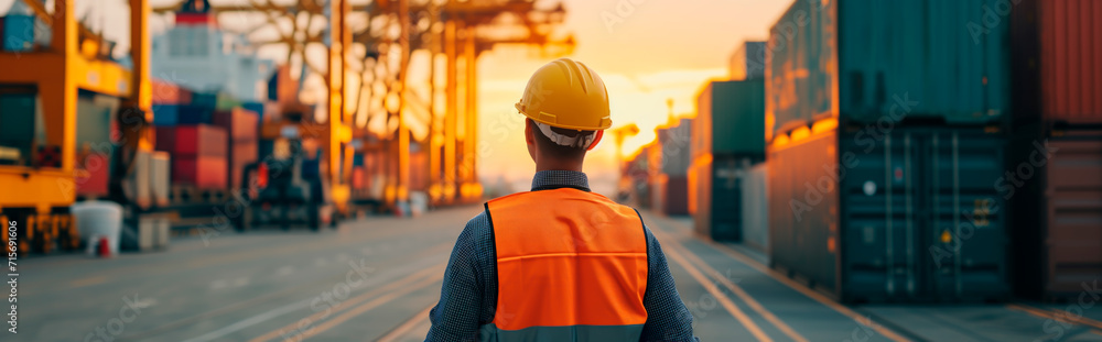 Worker in safety gear at shipping port or container terminal during sunset, industrial logistics. Shallow field of view.
Worker in safety gear at shipping port or container terminal during sunset, industrial logistics. Shallow field of view.