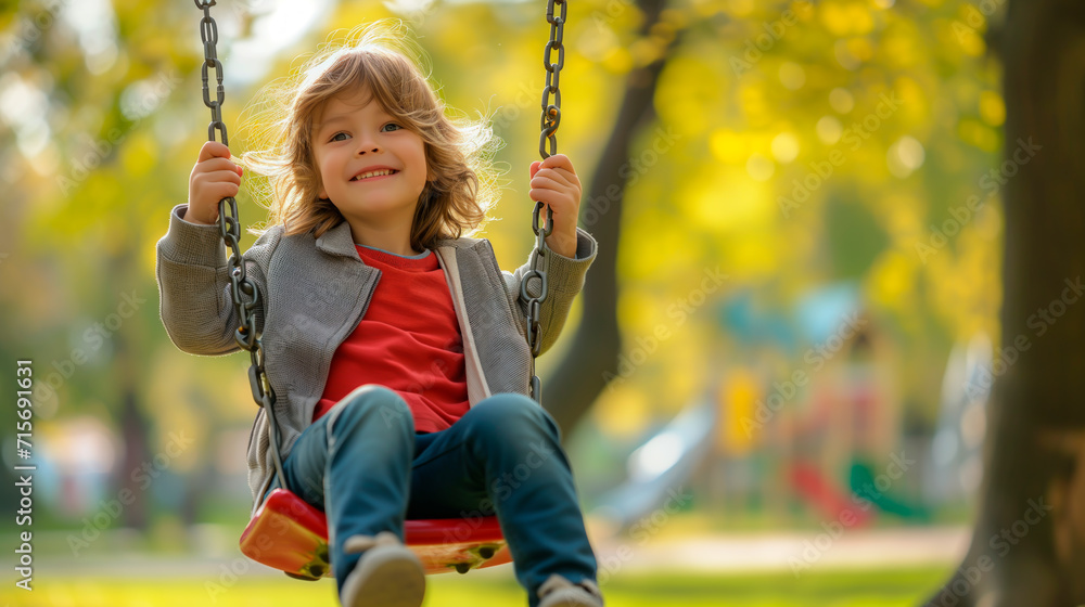 Joyful child swinging in a sunlit park, playful childhood moment	