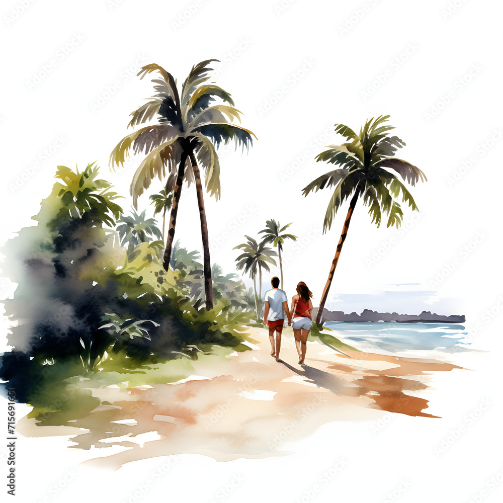 Couple walking on a beach during a tropical vacation isolated on white background, space for captions, png
