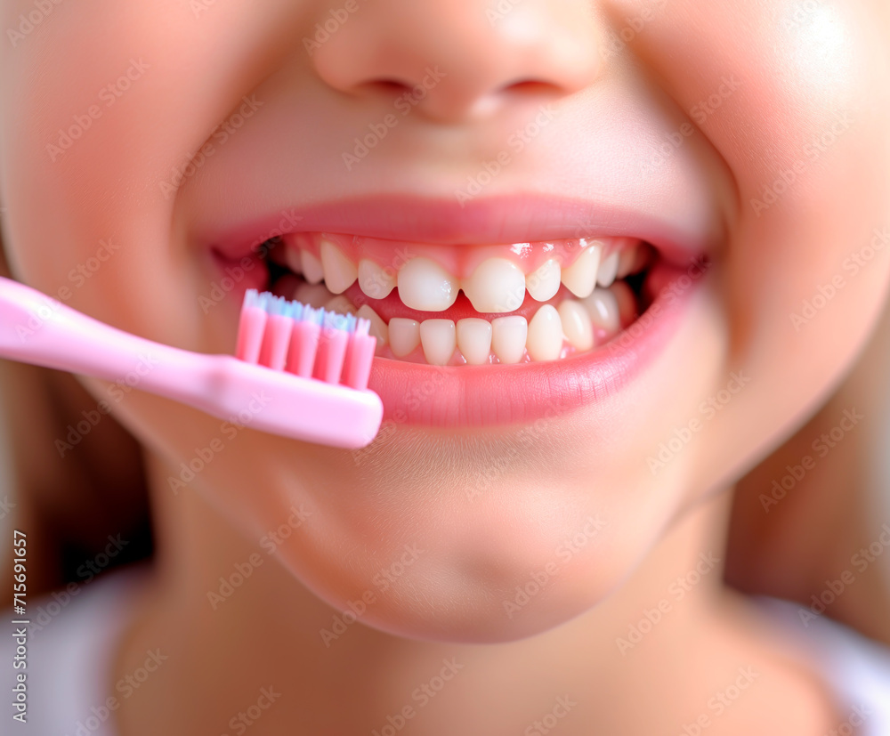 Fototapeta premium Child brushing teeth, dental hygiene and care routine. 