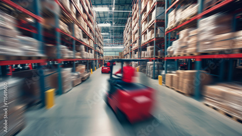 Forklift in motion in warehouse, logistics and distribution speed. Motion blur. 