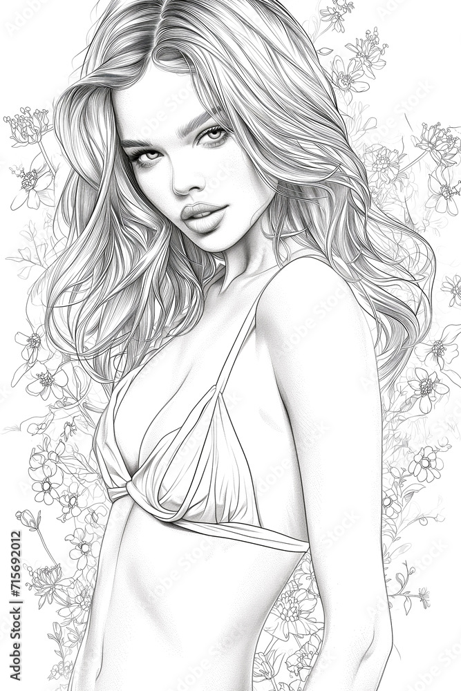 Chic Drawing Portrait Of A Beautiful, a woman with long hair in floral garden Chic Drawing Portrait Of A Beautiful, a woman with long hair in floral garden