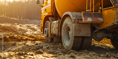 Yellow cement truck at a construction site photo